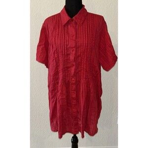 Only Necessities Red Pintuck Blouse 2X 100% Cotton Short Sleeve Shirt 30-4242-1